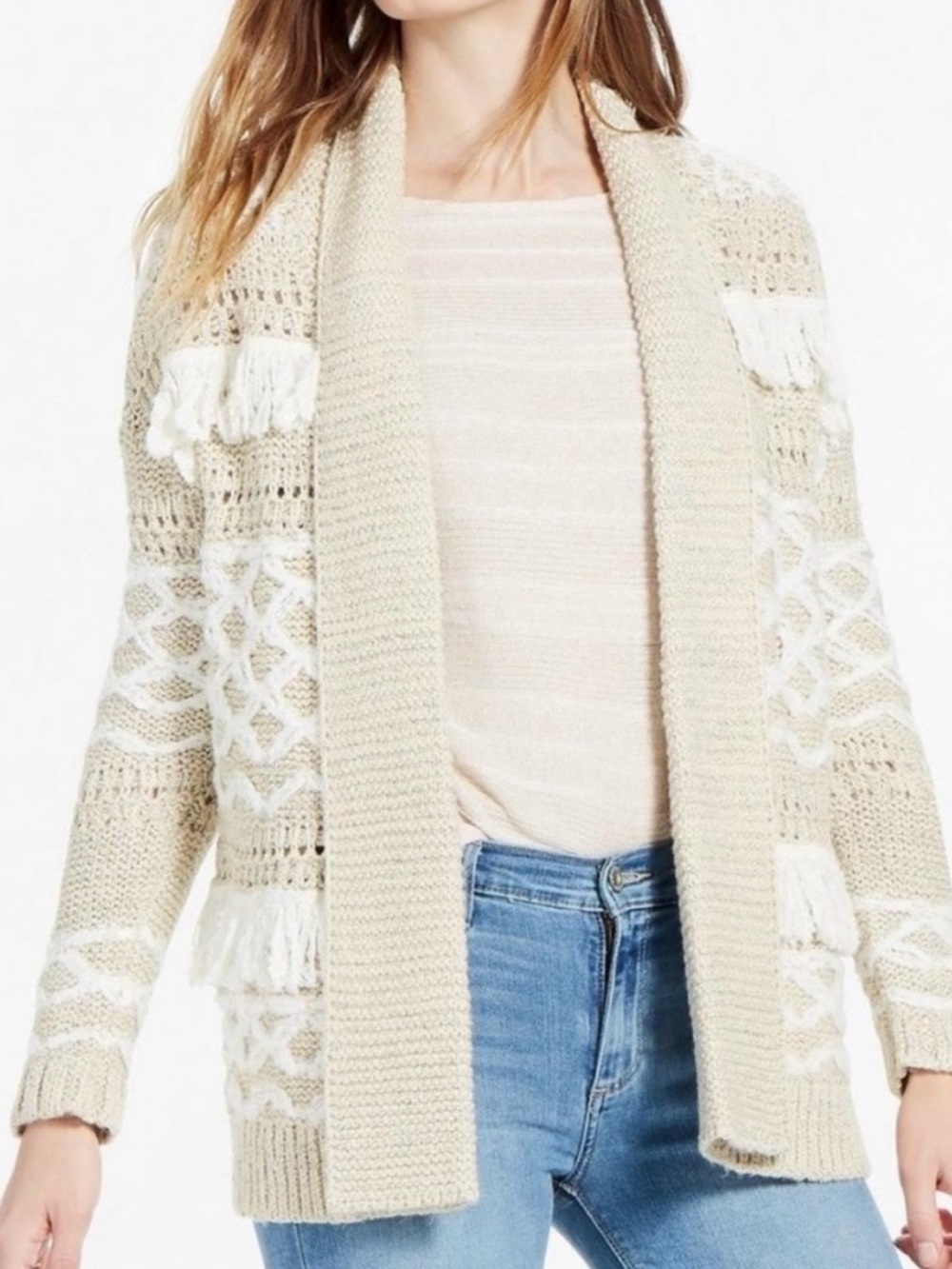 Lucky Brand Fringe Boho Bohemian Open Front Cardigan Sweater: Natural Tan Ivory